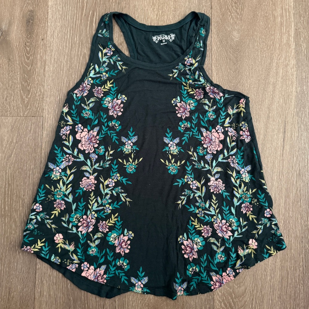 Mudd Womens XS Floral Racerback Tank Top Green Pink Teal Rayon Blend Stretch